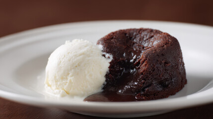 Chocolate lava cake with molten center and vanilla ice cream on plate