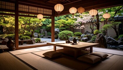 Fototapeta premium Traditional Japanese Home Office - Zen Workspace with Garden View