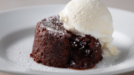 Rich chocolate lava cake with molten center and ice cream on top
