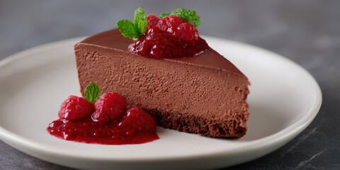 Rich vegan chocolate mousse cake topped with raspberry coulis and mint leaves