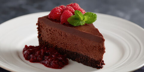 Rich vegan chocolate mousse cake topped with raspberries and mint