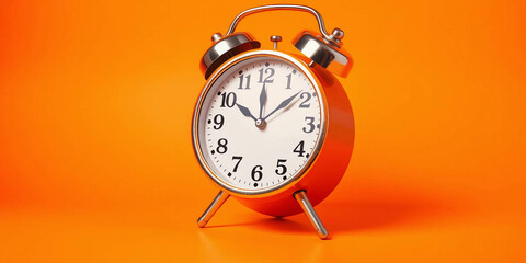 Vintage orange alarm clock on orange background with copy space. Retro time, antique clock with details. Classic design, decoration, reminder, display. Analog clock. 