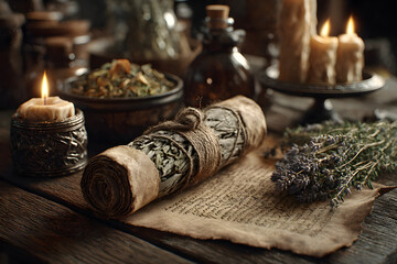 Ancient Apothecary. ancient medicine recipe: parchment scroll, dried herbs, candlelight aesthetic. Alternative medicine, herbal treatment concepts