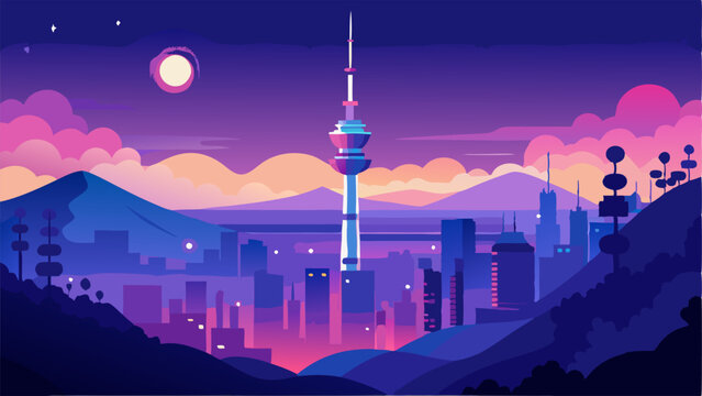Kuwait City Nightscape: Vibrant Vector Illustration of Kuwait Tower