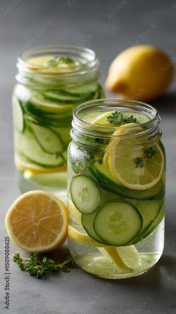 Poster refreshing cucumber and lemon infused drink is elegantly presented in glass jars, featuring vibrant 