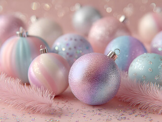 Pastel Christmas ornaments with glitter and soft feathers on a pink background creating a festive and dreamy holiday atmosphere