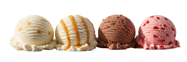 Delicious ice cream scoops in vanilla caramel chocolate and strawberry flavors arranged on black background