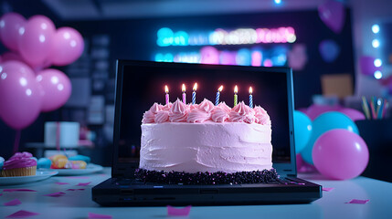 Pink Birthday Cake on Laptop Screen with Balloons