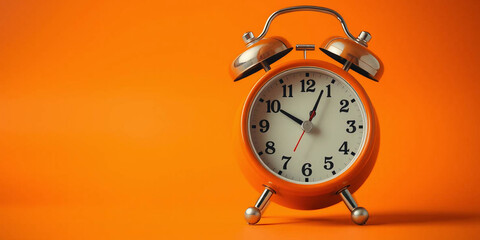 Vintage orange alarm clock on orange background with copy space. Retro time, antique clock with details. Classic design, decoration, reminder, display. Analog clock. 