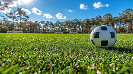 Soccer ball on a grassy field under a partly cloudy sky