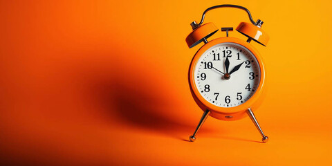 Vintage orange alarm clock on orange background with copy space. Retro time, antique clock with details. Classic design, decoration, reminder, display. Analog clock. 