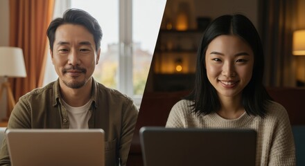 Two people participate in a video call from their homes with warm lighting and cozy settings