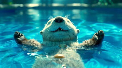 Playful sea otter relaxing on its back with a shell resting on its chest in calm waters