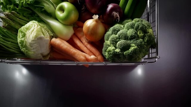 Close-up view of fresh raw mixed vegetables and fruits inside a metal wire basket with bright studio lighting, ready for a nutritious meal.