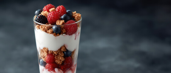 Delicious vegan parfait with layers of granola, soy yogurt, and fresh berries