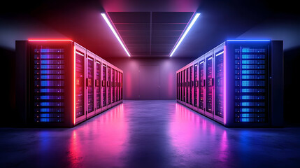 Fototapeta premium Rows of Servers in a Dark Room with Neon Lights