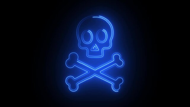Neon skull crossbones icon animation, flickering emergence and fading. Glowing neon jolly roger sign, looped animation. Pirate skull emoji, corsair cranium, danger, death warning