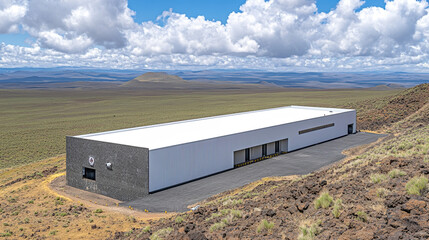 Aerial view of secure nuclear waste storage facility with warning signs and containment structures in barren landscape under cloudy sky. Environmental safety and hazardous material management concepts