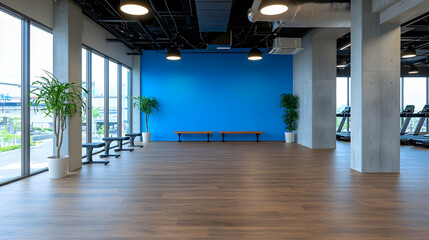 Modern Gym Studio Interior with Blue Wall
