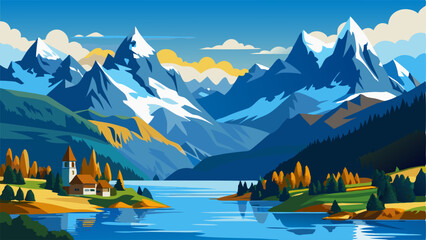 Stunning Swiss Alps Mountain Lake Landscape Illustration