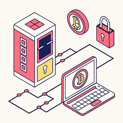 Isometric vector illustration: blockchain with transaction, cryptocurrency and lock icons