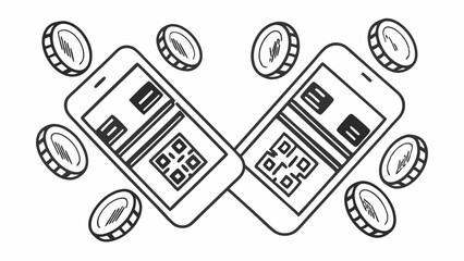 Flat vector graphics: mobile payment app with flying coins and QR codes. Pastel colors, geometric shapes
