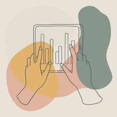 Minimalistic vector illustration of hands interacting with a holographic data interface.