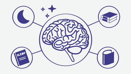 Flat design: brain surrounded by meditation, sleep and book icons. Violet-blue palette, simple shapes.
