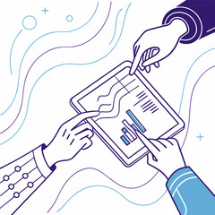 Minimalistic vector illustration of hands interacting with a holographic data interface