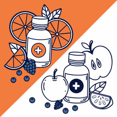 Vector graphics: stylized bottles with vitamins and fruits around. Flat design, contrast of orange and blue