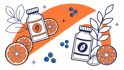 Vector graphics: stylized bottles with vitamins and fruits around. Flat design, contrast of orange and blue