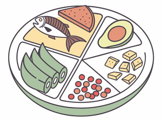 Flat vector: a plate with a balance of proteins, fats and carbohydrates (vegetables, fish, cereals)