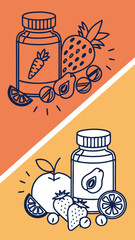 Vector graphics: stylized bottles with vitamins and fruits around. Flat design, contrast of orange and blue