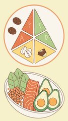 Flat vector: a plate with a balance of proteins, fats and carbohydrates (vegetables, fish, cereals)