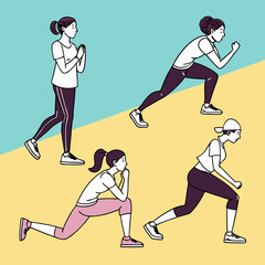 Flat vector illustration: people doing exercises (squats, plank, running) on ​​a bright background