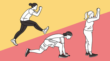 Flat vector illustration: people doing exercises (squats, plank, running) on ​​a bright background
