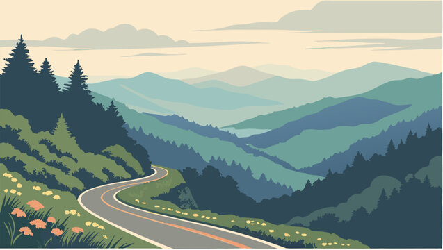 Scenic Mountain Road Winding Through Lush Green Valley