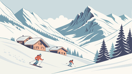 Skiers in Snowy Mountain Village Illustration