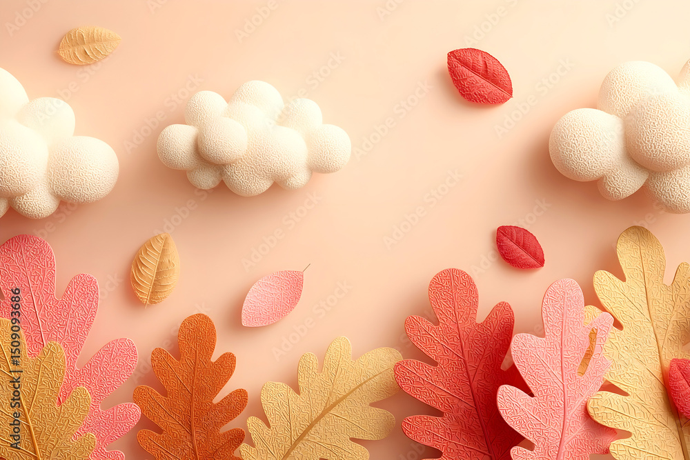 Poster autumn background with textured paper-style leaves and soft 3d clouds on a warm pastel backdrop crea