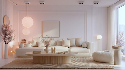 modern style living room featuring light color palette, cozy sofa, and decorative elements. space is bright and airy, perfect for relaxation and comfort