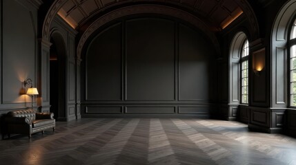 Obraz premium Dark Elegance A Luxurious Interior with Herringbone Flooring and Classic Architectural Details