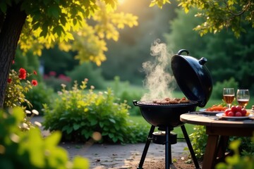 Summer evening backyard barbecue with delicious grilled food and drinks on a wooden table