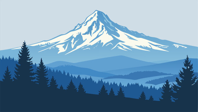 Majestic Mount Hood, Oregon: Blue Landscape Illustration