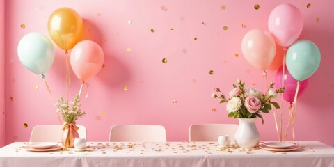 Festive Table Setting with Pastel Balloons and Floral Arrangement for a Delightful Celebration