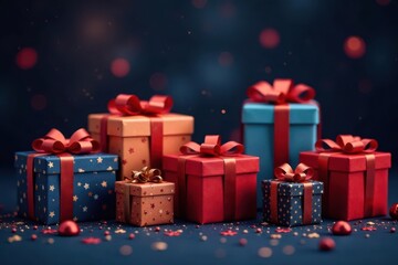A Festive Collection of Wrapped Presents with Red Ribbons and Starry Designs on a Dark Background