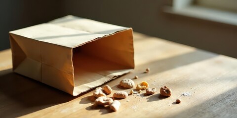Sunlit Bakery Treats Spilled from a Paper Bag on a Wooden Surface