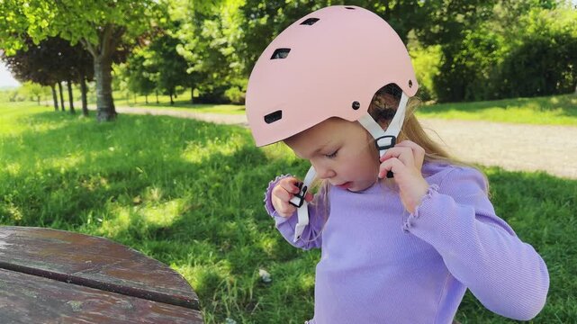 A little cute girl puts a pink helmet on her head and tries to fasten it. She learns to roller skate or ride a bicycle