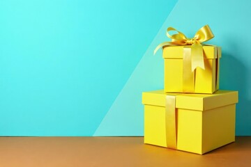 Two vibrant yellow gift boxes adorned with golden ribbons, sitting on a wooden surface against a two-toned background