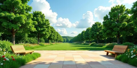Serene park vista two wooden benches flanking a sun-drenched paved pathway, nestled amongst vibrant flora and lush green trees under a bright summer sky.