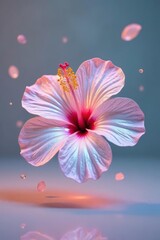 A Delicate Pink Hibiscus Flower in Levitation, Illuminated by Soft Light, with Falling Petals and Water Droplets Creating a Dreamlike Atmosphere